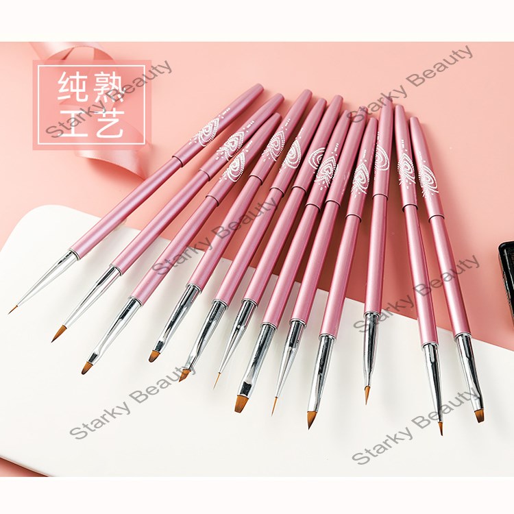 Metal Nail Brush Set 12 pcs Pink Color Painting Flower Gel Pen