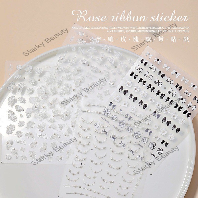 Rose Pearl French New Back Adhesive Bow Nail Relief Sticker