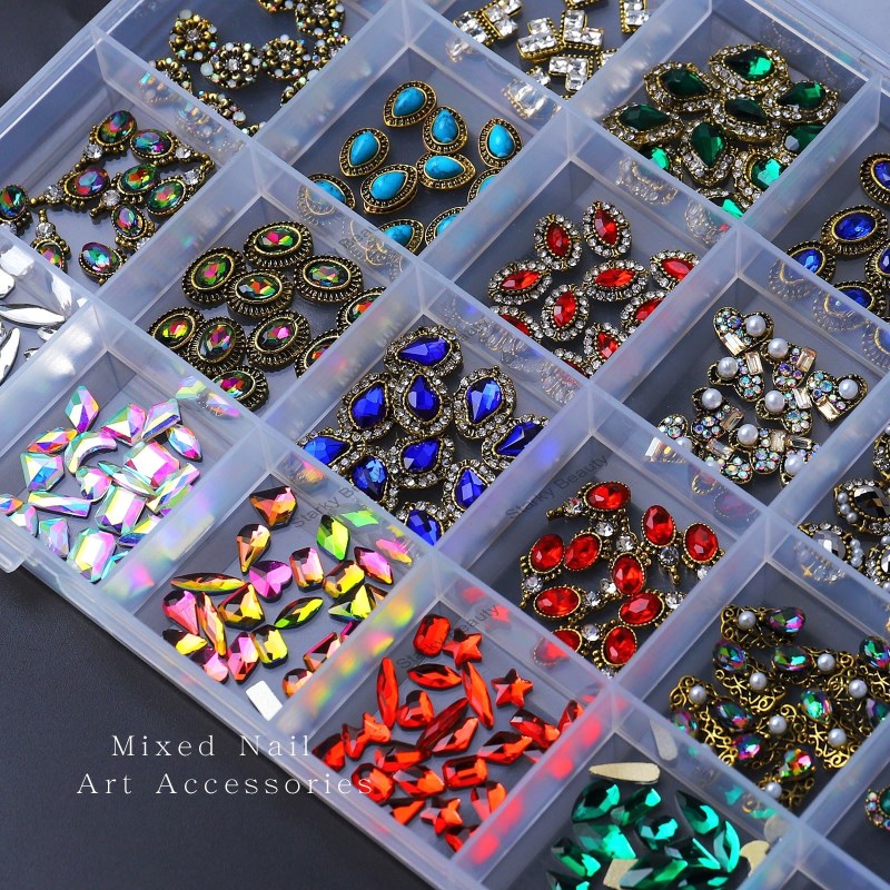 24 grid rhinestone box with flat bottom glass irregular diamond mixed nail accessories set
