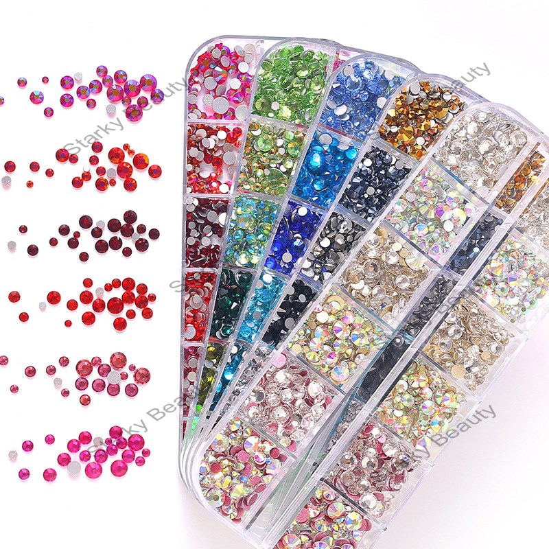 12 grid nail rhinestone set,  ss6-ss20, glass drill mixed with flat bottom diamond