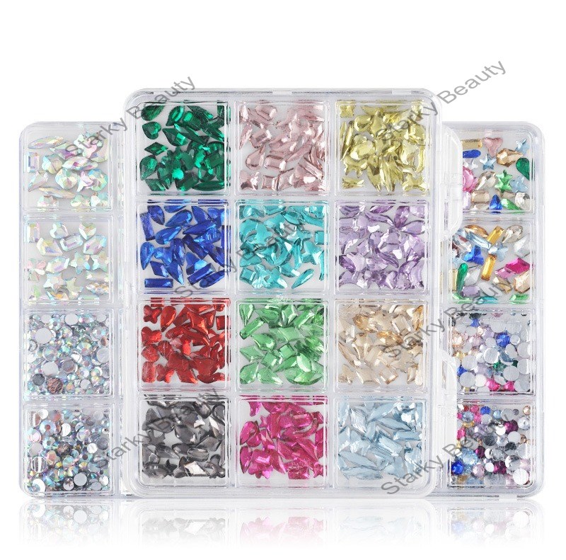 12 grid nail decoration irregular diamond flat bottom colored rhinestone resin diamond mixed