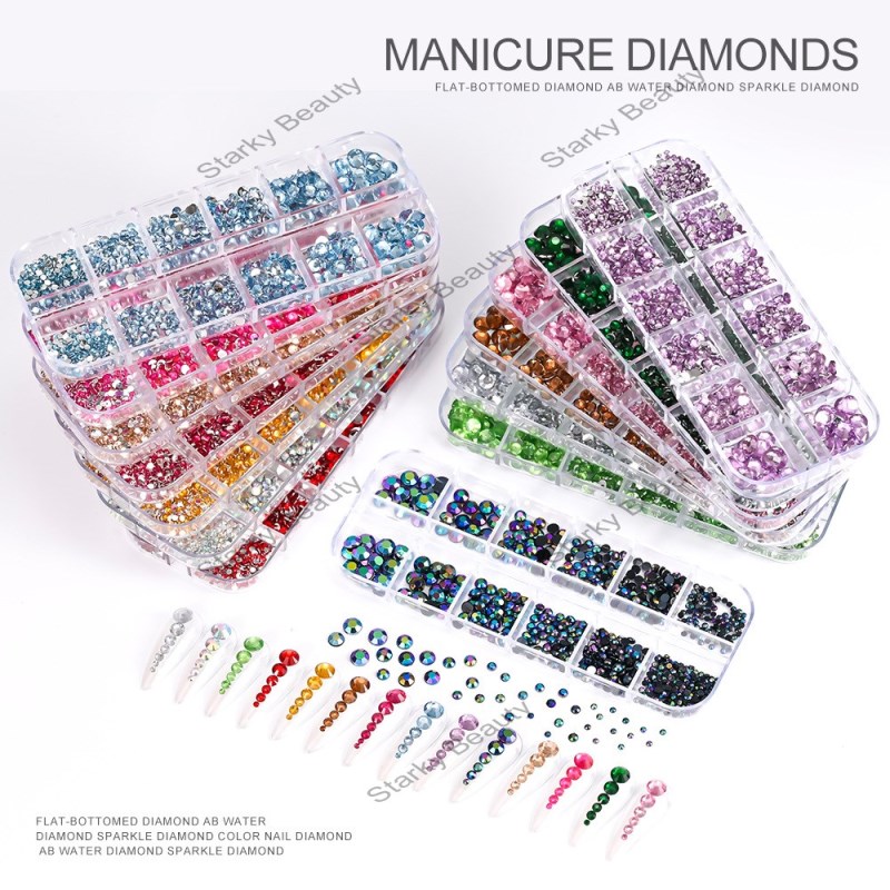 Nail Round White Color Flat Bottom Diamond 12 Grid Fingertip Diamond Decoration AB Diamond