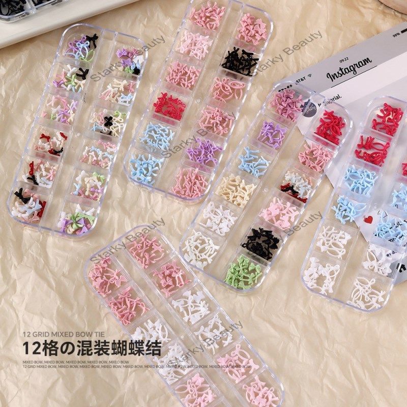 12 Grid Nail Accessories Internet Celebrity Mini Bow Macaron Mixed 3D Ribbon Tie Nail Accessories