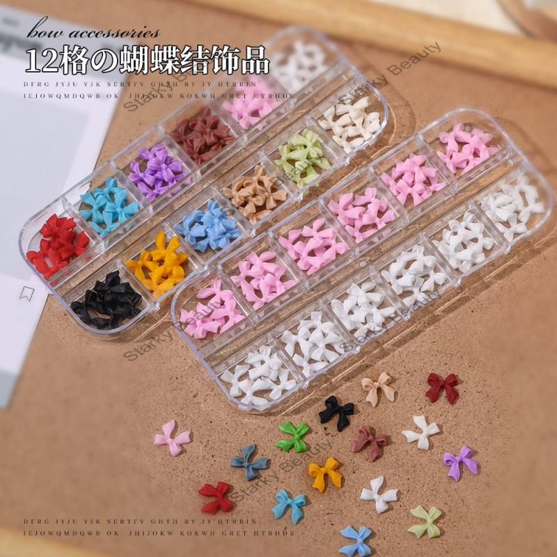 New Resin Nail Accessories 12 Grid Box Set with Butterfly Bow, Float, Bow Tie Mixed