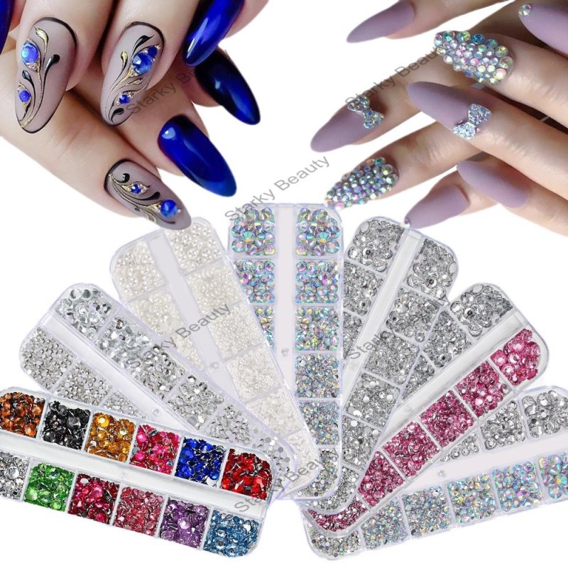 12 Flat Bottom Color Diamond White Diamond AB Diamond Nail Accessories Pearl Half Round Mixed