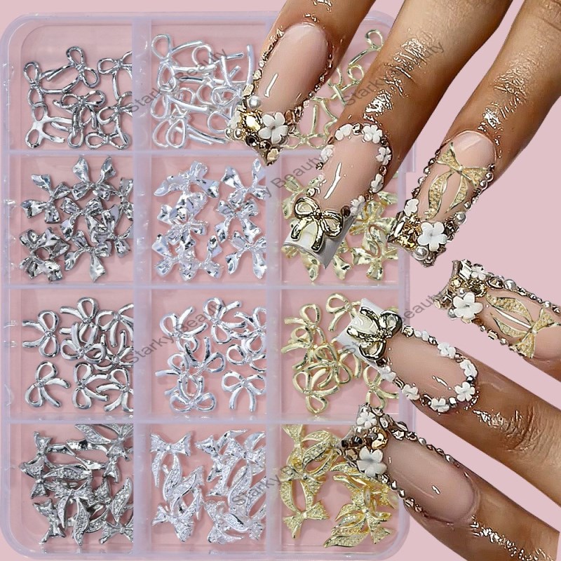 12 grid metal alloy nail accessories butterfly tie gold silver nail decoration wholesale