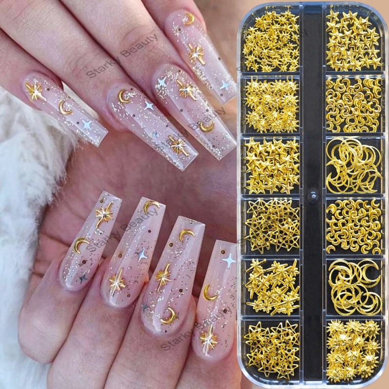 popular 12 grid mixed gold and silver semi-circular pearl nail accessories, star moon metal nail dec