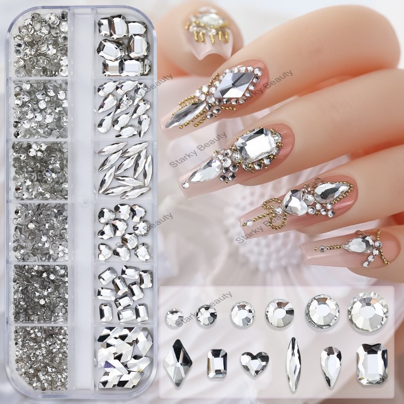 Nail Diamond Jewelry 12 Grid White Size Flat Bottom Diamond Love Water Drop Diamond