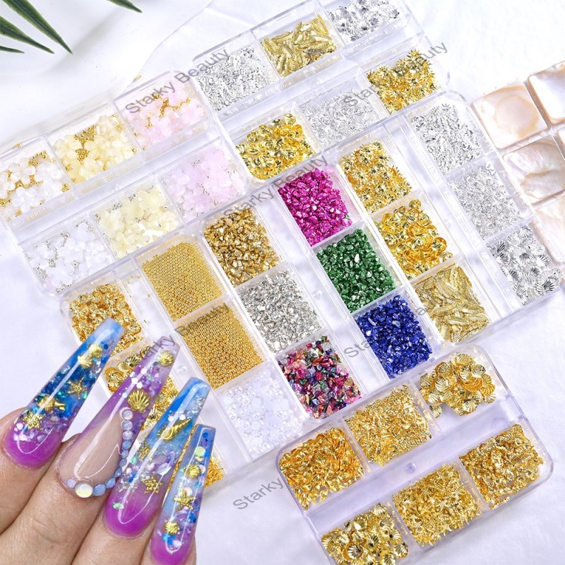 6-grid nail art metal alloy shell conch starfish coconut tree steel ball pearl flower nail decoratio