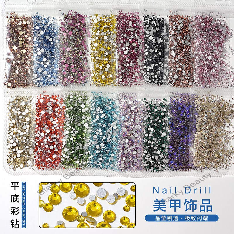 1440pcs colorful sparkling nail flat diamonds, crystal glass diamonds, round size mixed