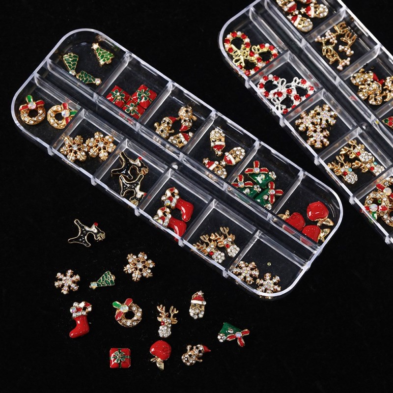 12 grid mixed Christmas nail decoration alloy snowflake reindeer Christmas tree DIY