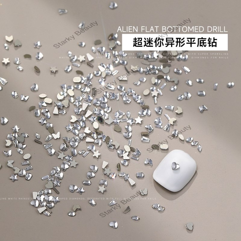 50PCS Mini Nail Diamond Mixed Super Flash Horse Eye Love White Crystal Flat Bottom Irregular Diamond