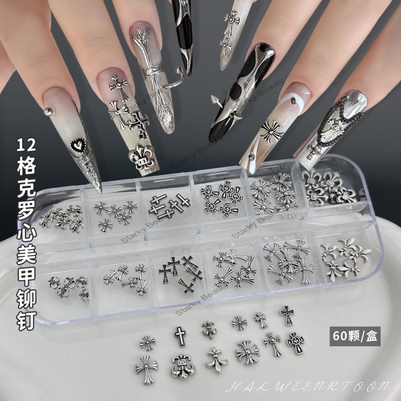 12 Glock Heart Nail Accessories Set Cross Metal Rivet DIY Nail Drill Small Accessories