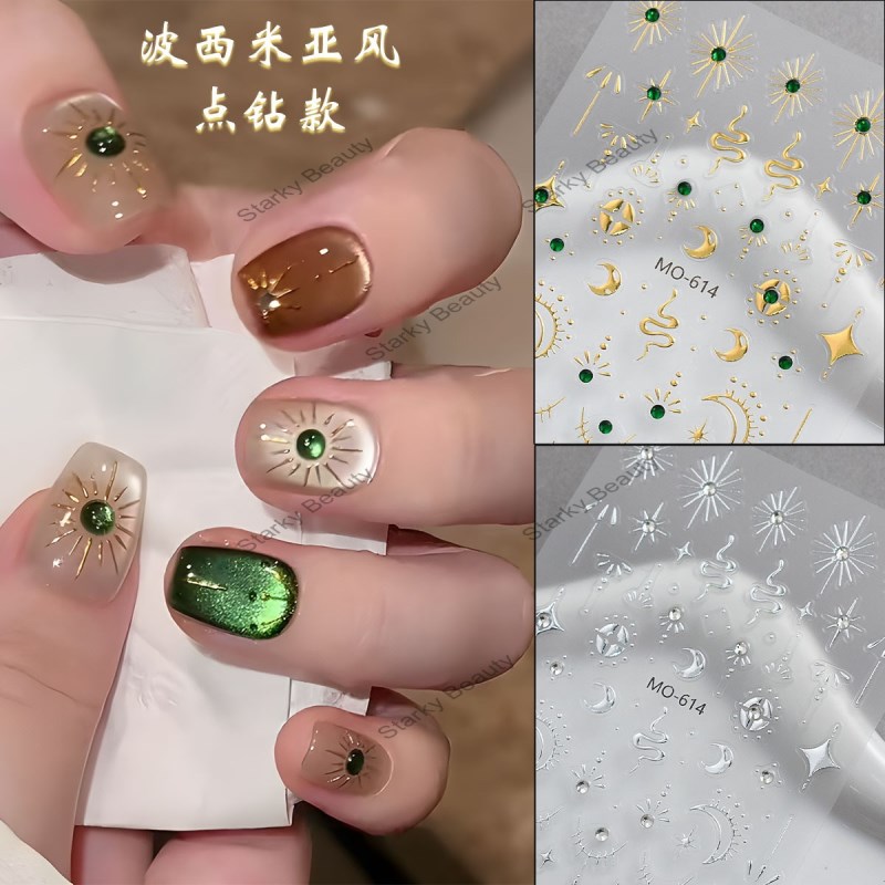 Crystal Diamond Nail Stickers with Gold and Silver Heat, Starry Moon Nail Stickers