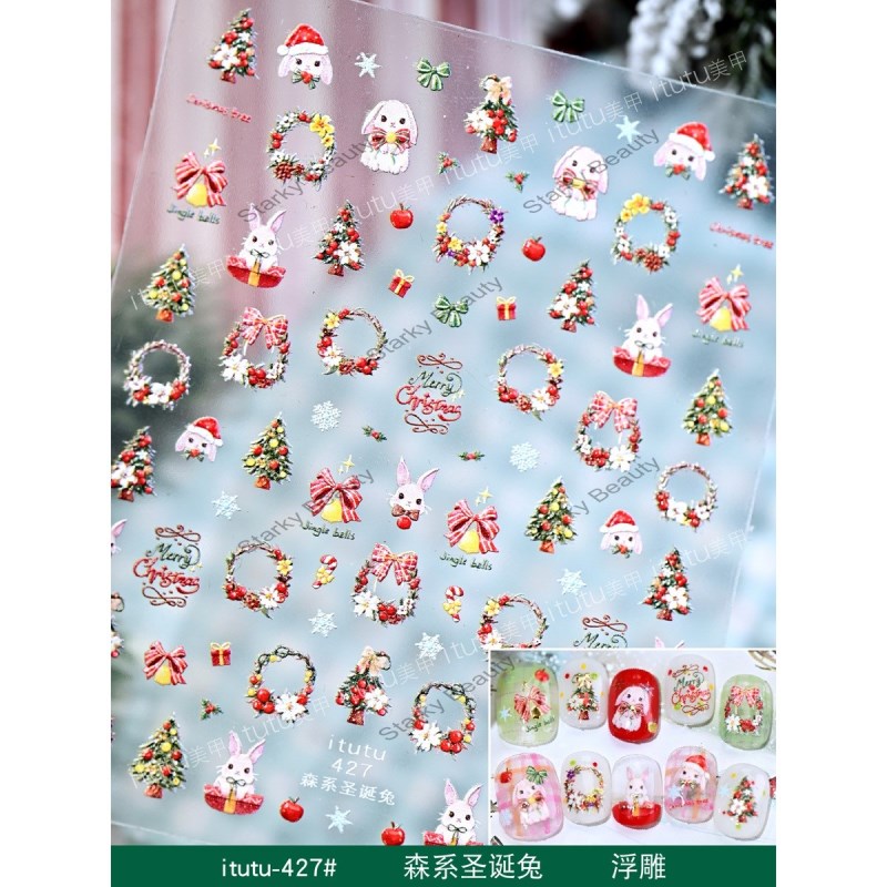 Christmas Relief Nail Stickers Christmas Tree Cat Rabbit Wreath Small Pattern Stickers