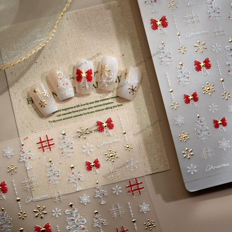 Christmas Bow Relief Adhesive Nail Stickers Matte Nail Stickers Hot Stamping Series