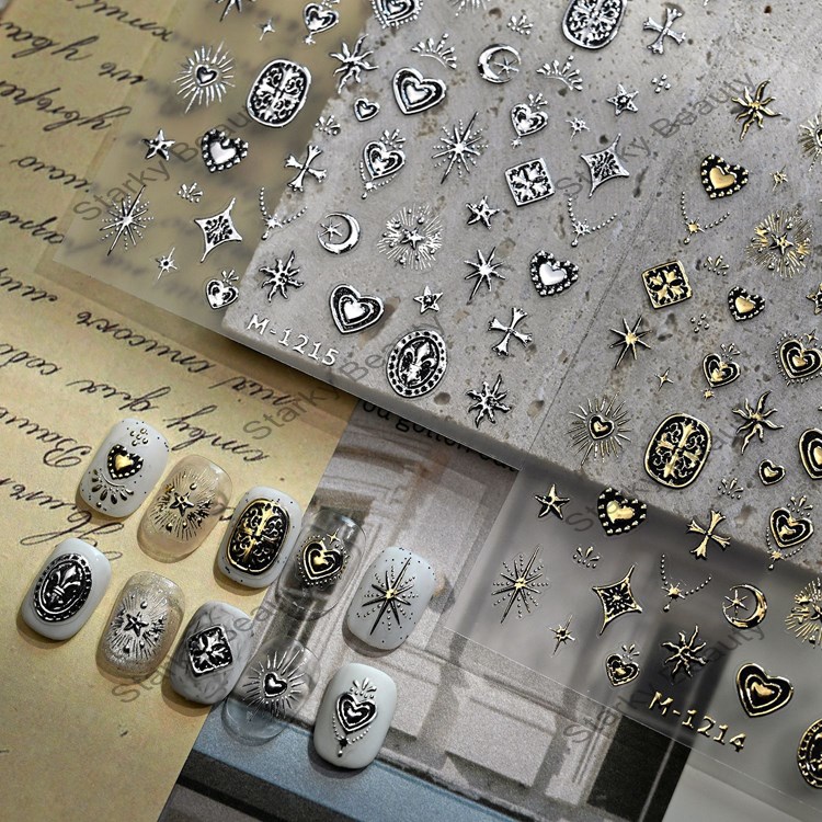 Embossed Nail Stickers, Advanced Retro Love Star Moon Gold and Silver Back Adhesive Nail Stickers
