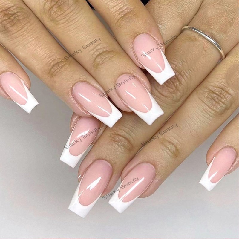 Wearing white French edge nail patches, nail art patches, removable nail patches