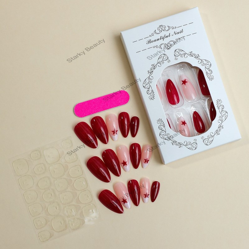 Wearing almond nail, French border red polka dot pentagram nail art, nail plate