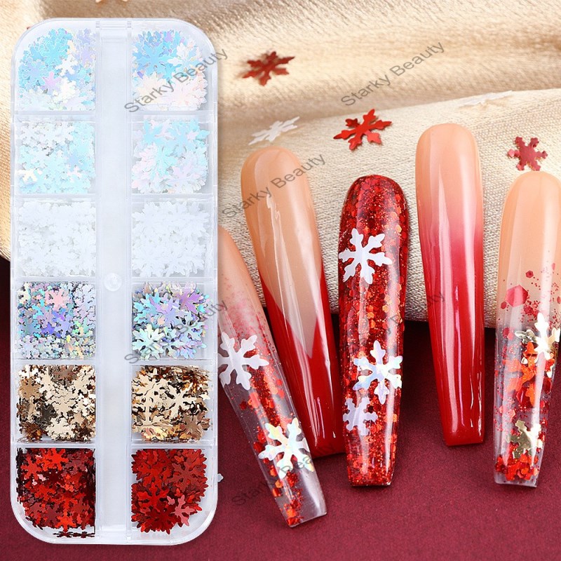 Christmas 12 grid snowflake nail glitter winter laser colored nail glitter decoration