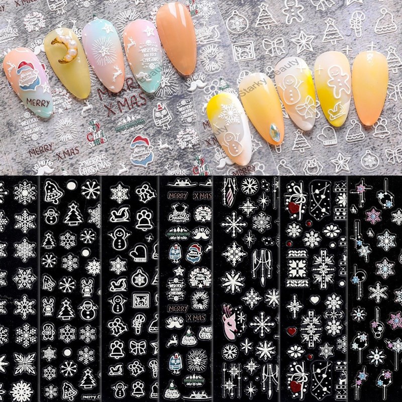 White Hollow Snowflake Nail Stickers 5D Relief 3D Winter Christmas Stickers