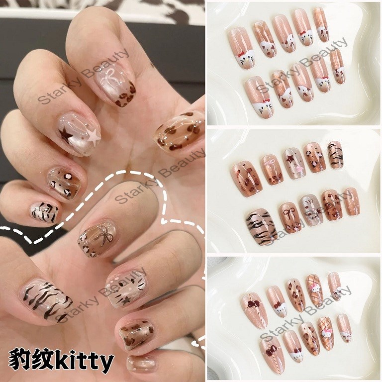 Leopard print Kitty French style wearable nail, bow tie, full size wearable nail art