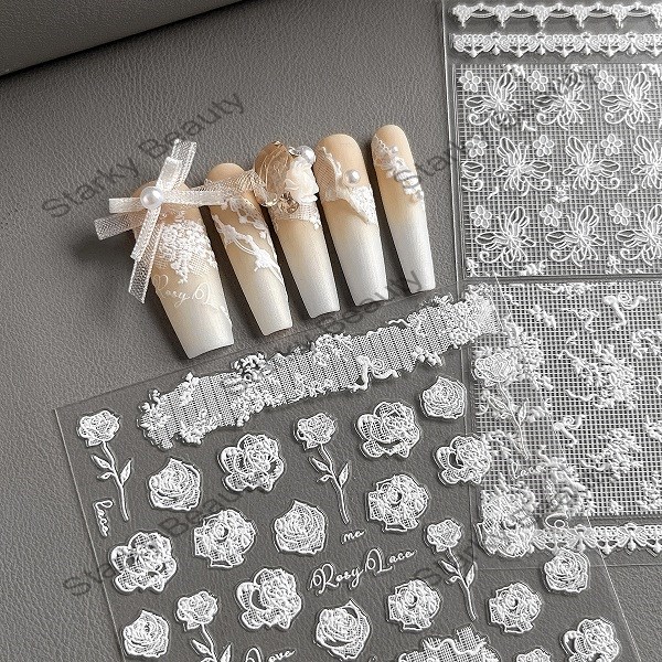 Butterfly Nail Stickers with Embossed Adhesive Back, Pink and White Butterfly Knot Nail Stickers