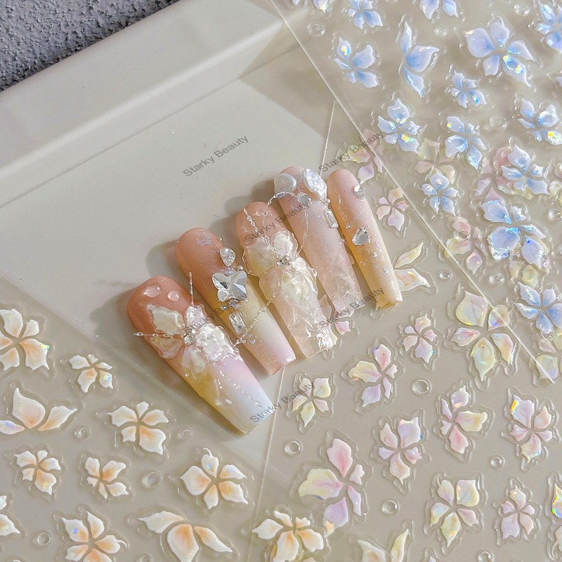 Nail Jelly Five Petal Flower Nail Stickers, 3D Illusion Color Shell Light Nail Decoration Stickers