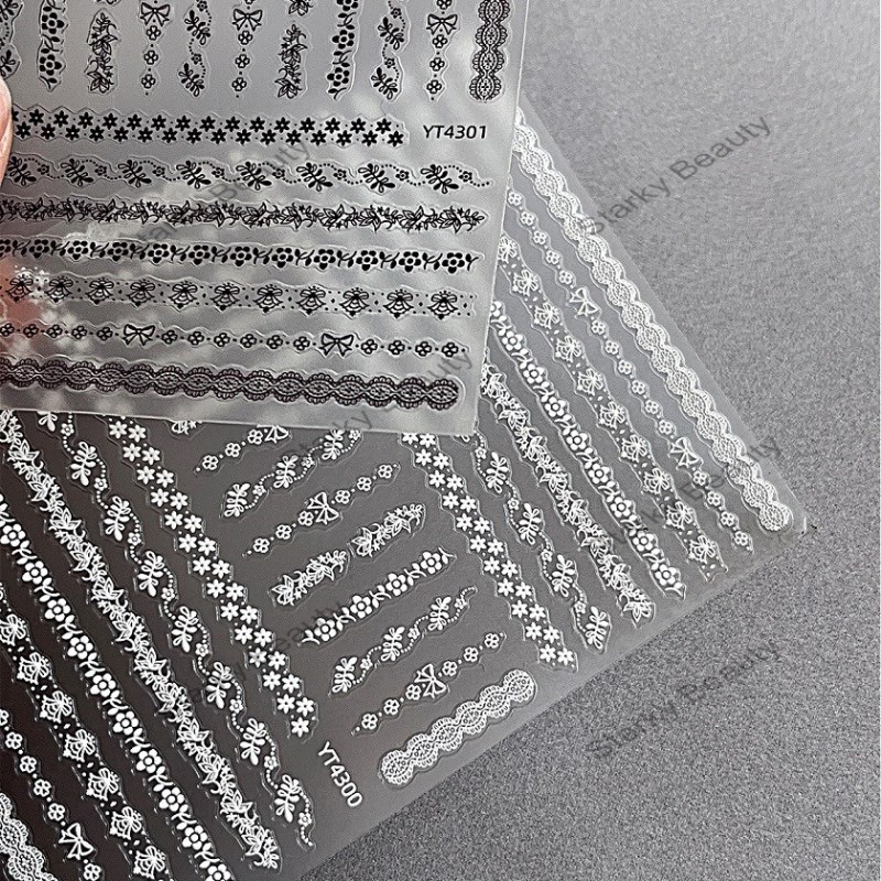 Lace edge nail stickers in black and white DIY lace 3D relief nail decoration stickers