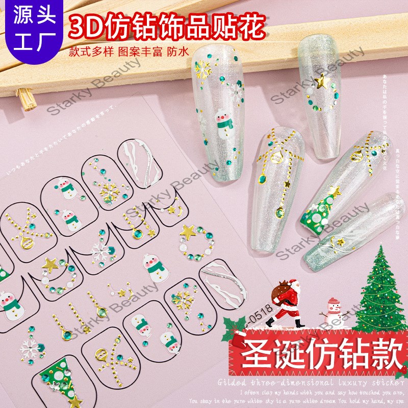 Wholesale OEM Custom 3D Color Diamond Christmas Snowman Snowflake DIY Nail Stickers