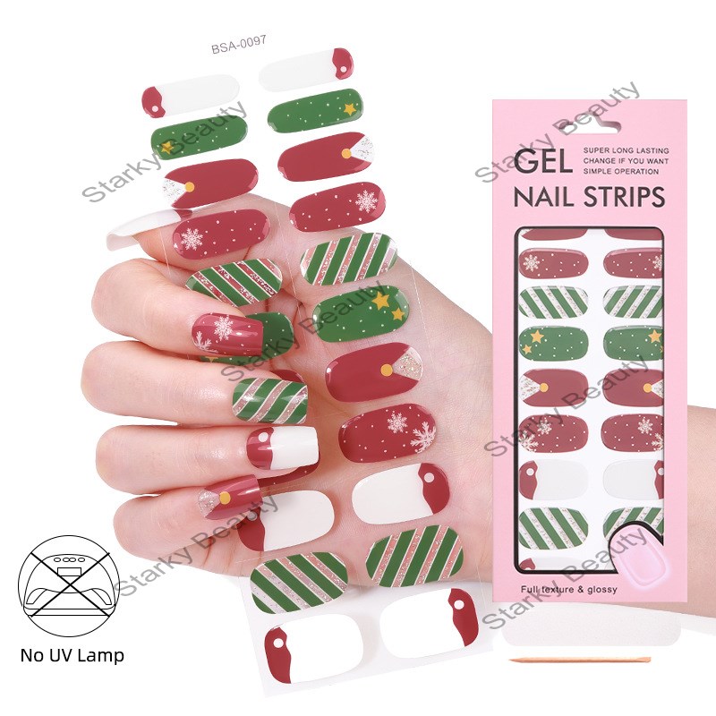 New 22 finger Christmas Bake free gel nail sticker Hot sale Bake free UV nail sticker