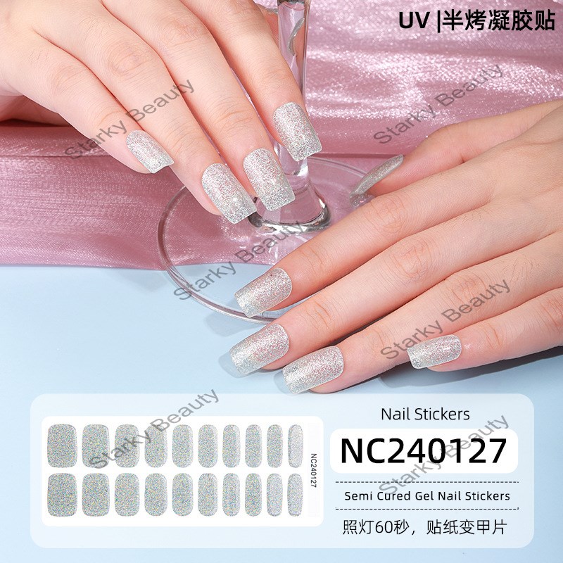 Pure  Glitter powder gel nail sticker Semi cured gel UV nail sticker