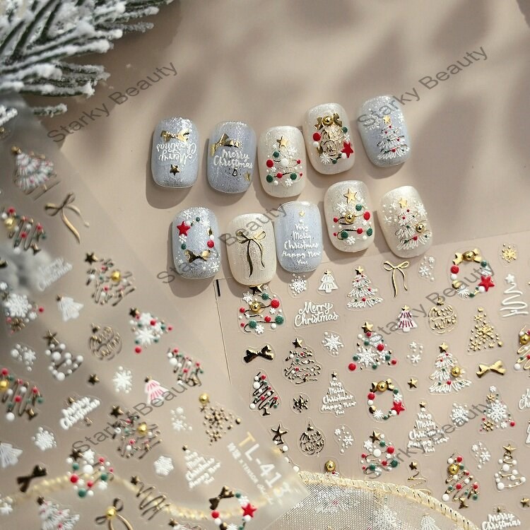 Christmas tree snowflake nail sticker sweet hot stamping embossed nail sticker