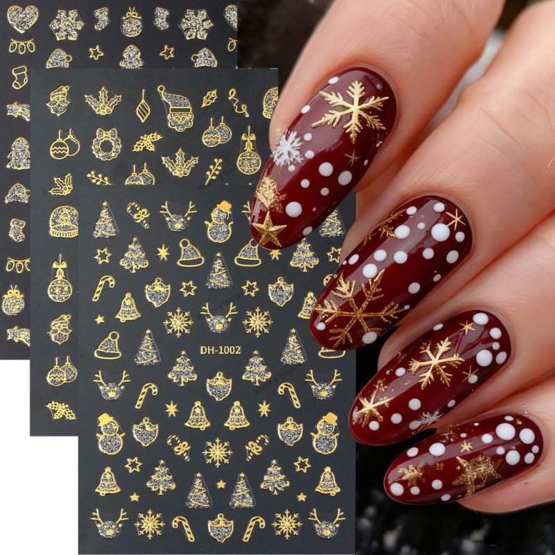 Hot Stamping Sparkling Powder Christmas Nail Stickers Christmas Snowman Snow Bell Winter Nail Sticke