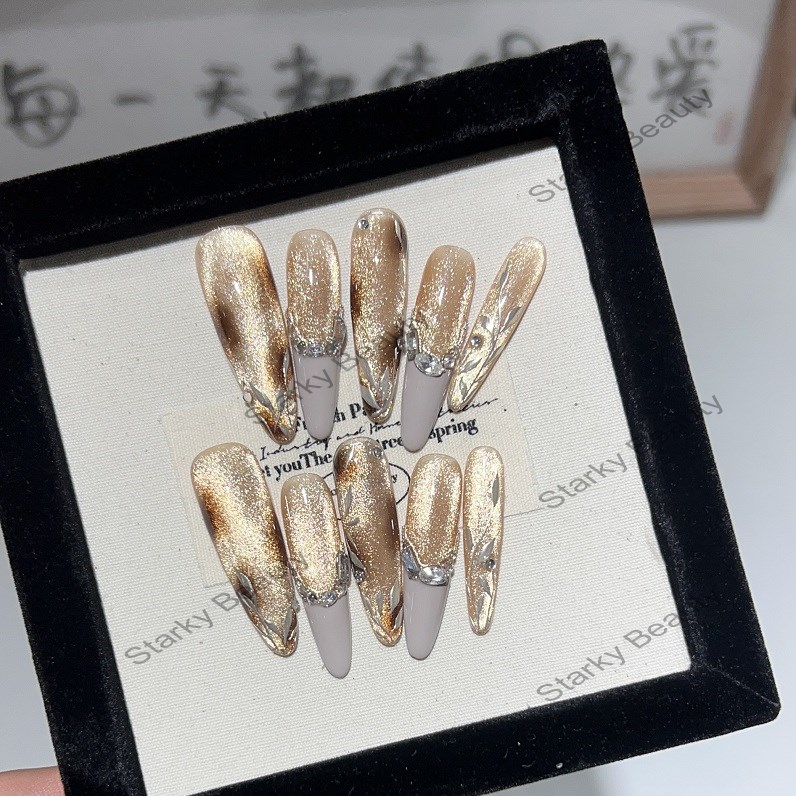 Handmade Wear Armored Light Luxury Long Pointed French Gradient Leopard Pattern Advanced Nail Patch