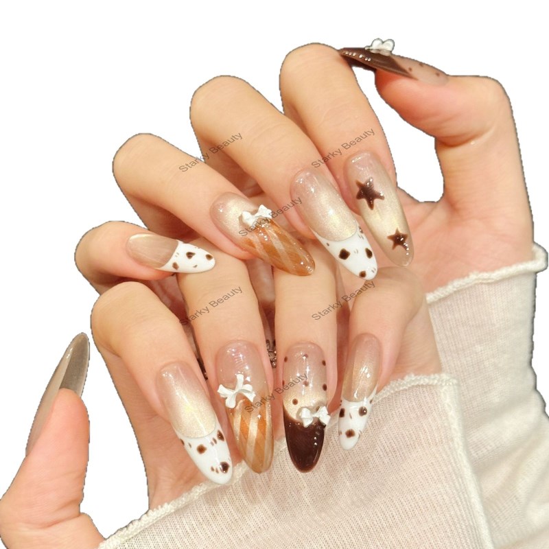 Autumn and winter coffee colored leopard print French nail art piece handmade wearable nail wholesal