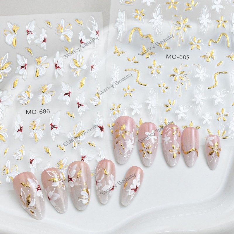 Relief flower nail stickers, retro hot stamping, hand-painted five petal flower nail stickers