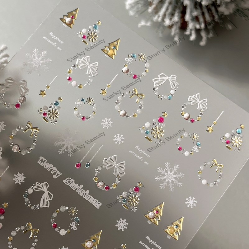 Gold Jelly Christmas Nail Stickers Snowflake Christmas Wreath Decorative Stickers