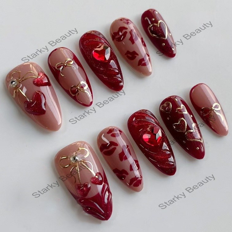30Pcs Red Almond Fake Nails 3D Heart Flower Designs Press On Nails Acrylic Artificial Nails Tips