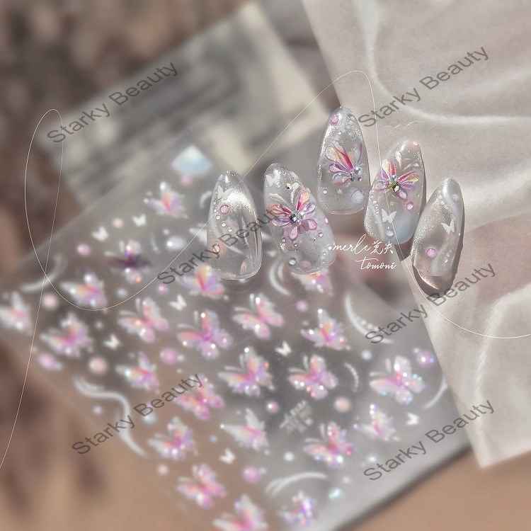 Sparkling Sweet Fluorescent Nail Stickers Purple Butterfly Nail Stickers Flower Nails