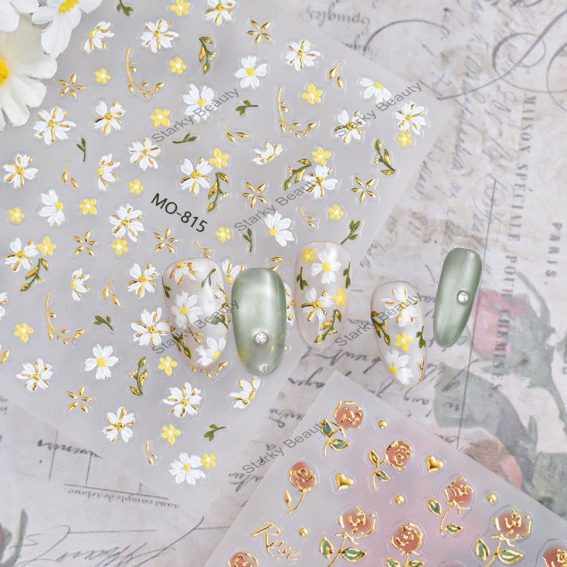 Spring Flower Nail Stickers, Rose Blossoms Relief, Gold Plated 3D Nail Stickers