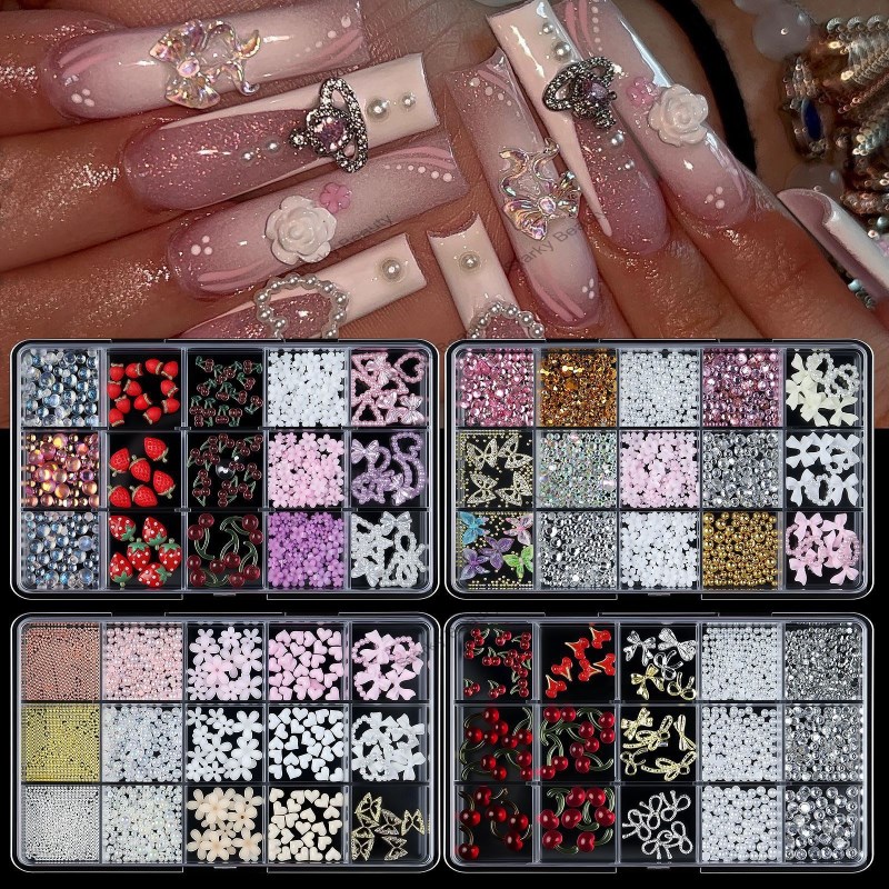 15 grid mixed butterfly bow ribbon nail art resin decoration nail accessory set wholesale