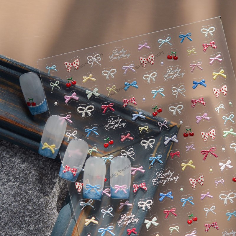 Sweet and cute nail stickers with small bow decorations, embossed nail art stickers