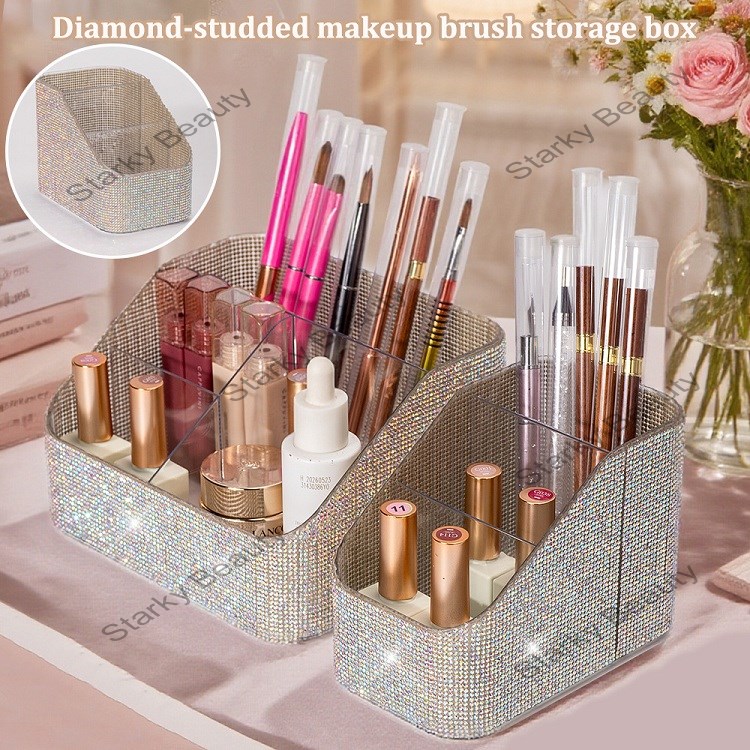 desktop multi grid full diamond makeup brush storage box, nail art item storage box