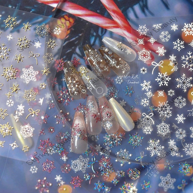 Christmas hot stamping nail stickers with diamonds and colorful snowflakes stickers