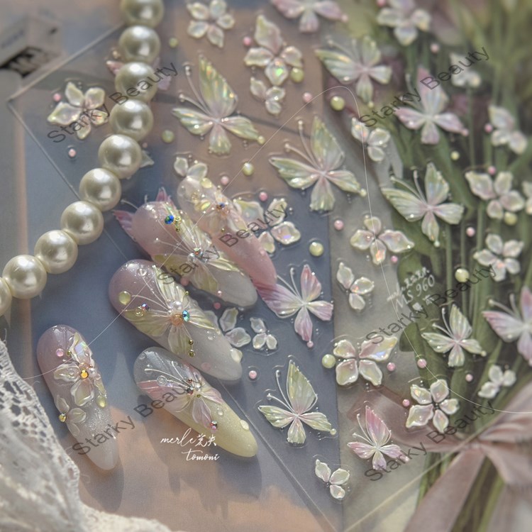 Transparent Nail Stickers Light Mature Wind Nail Stickers Pink Green Butterfly Full Stickers