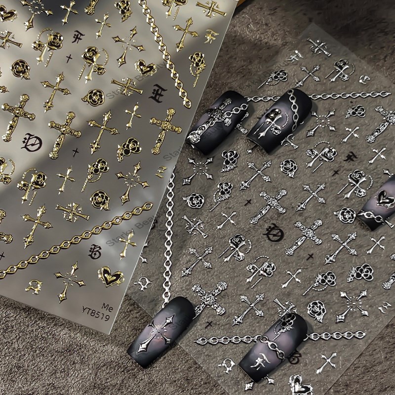 Metal style cross nail stickers, retro chain roses, dark style nail stickers