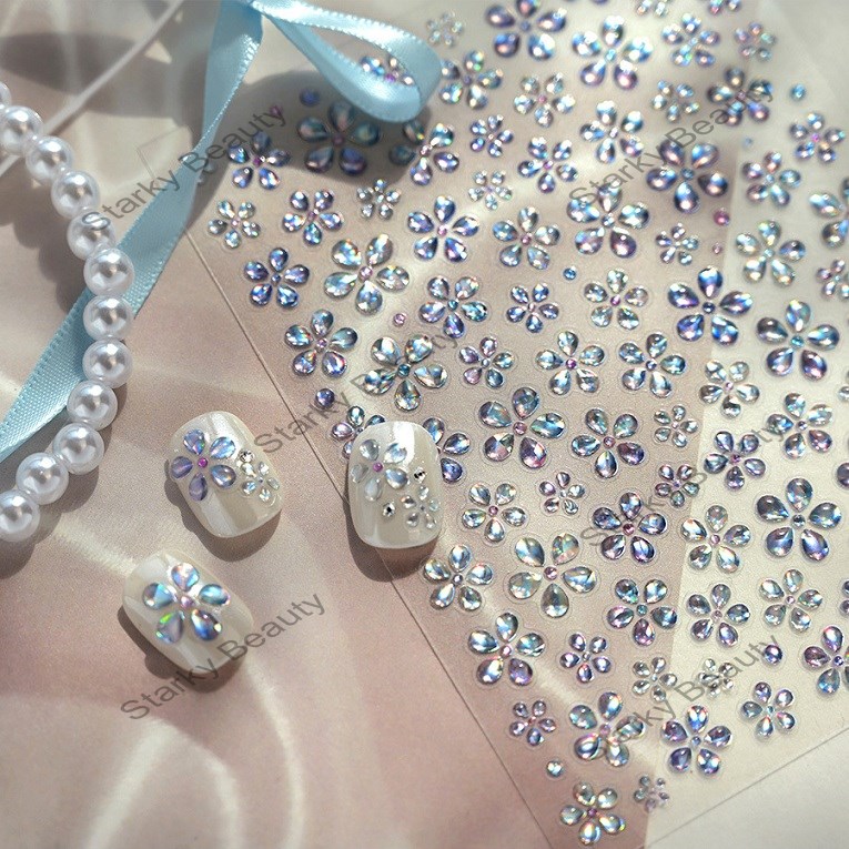 Sparkling Diamond Wind Small Flower Nail Stickers Clear and Fairy Aurora Flower Nail Stickers