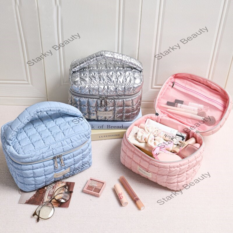 checkered quilted storage bucket bag compartment, large capacity portable makeup bag with customizab