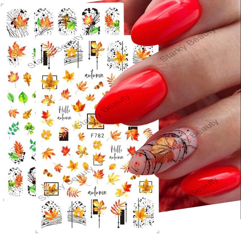 Maple Leaves Nail Stickers 3D Yellow Gold Autumn DIY Sliders Adhesive Manicure Decals